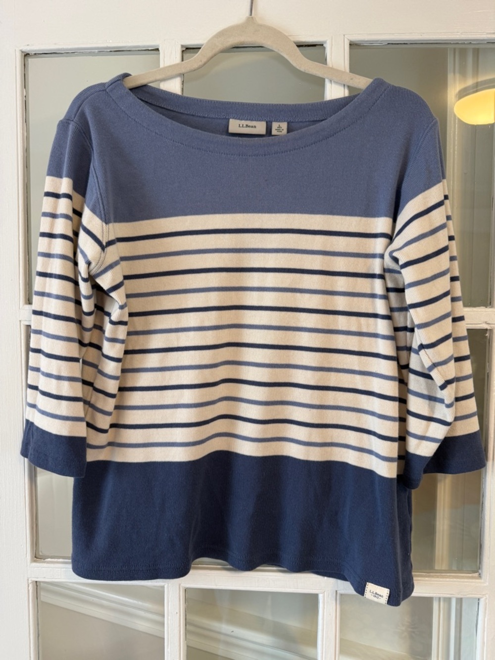 L.L.Bean Striped Cotton Boatneck Top in Blue and White